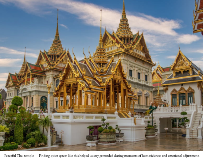 Peaceful Thai temple surrounded by greenery, reflecting calm and emotional grounding