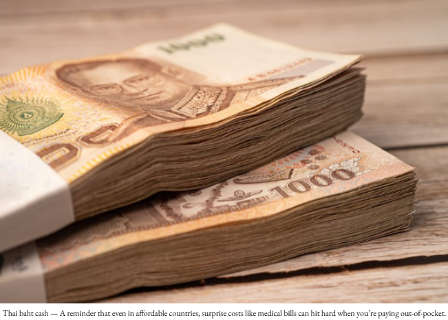 Thai baht cash spread out on a table, representing unexpected living expenses in Thailand