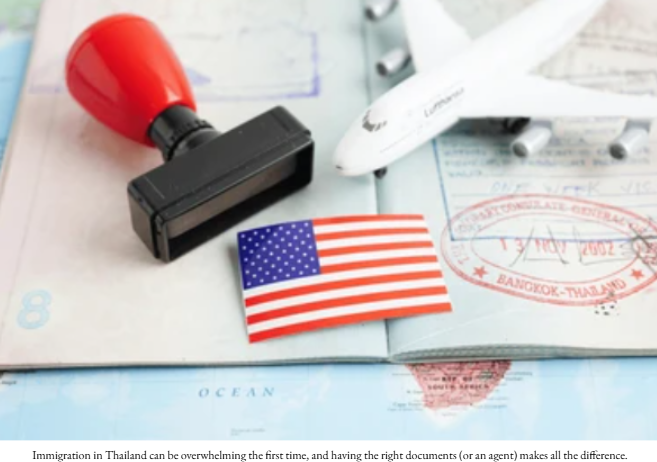 Passport paperwork with an “Approved” stamp graphic symbolizing visa processing in Thailand